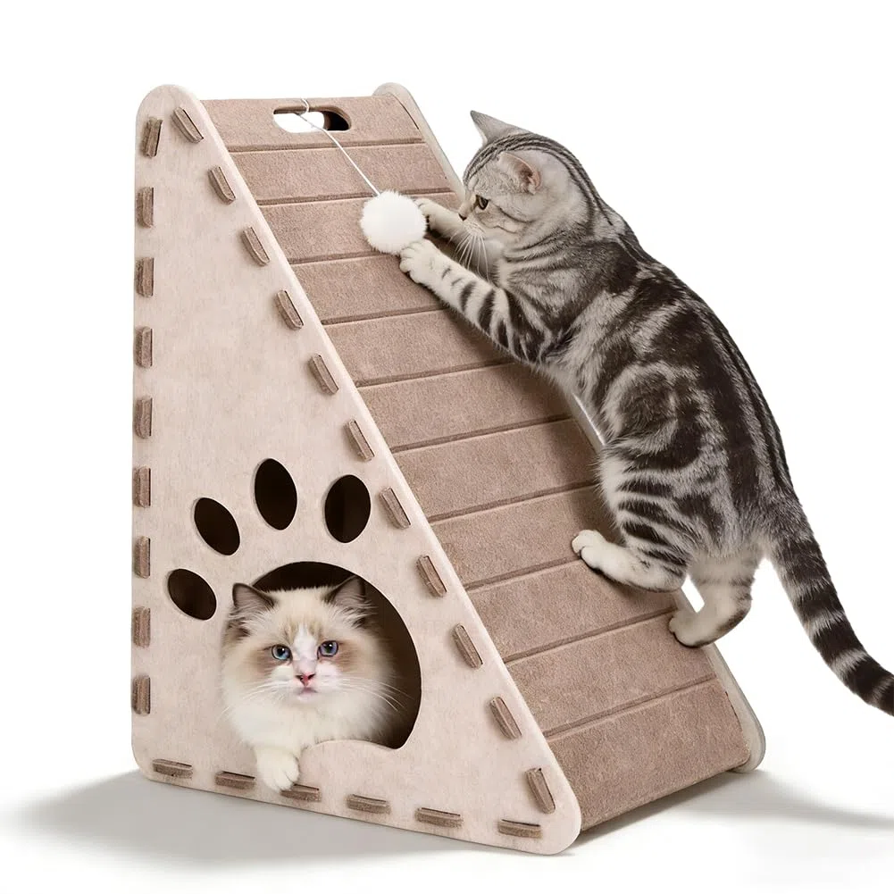 3 in 1 Cat Scratching Board & Felt Triangle Cat House – Vertical Cat Scratcher for Indoor Cats, Scratch Play Rest Cat Furniture, Sturdy Easy Clean Cat Scratcher with Ball Toy