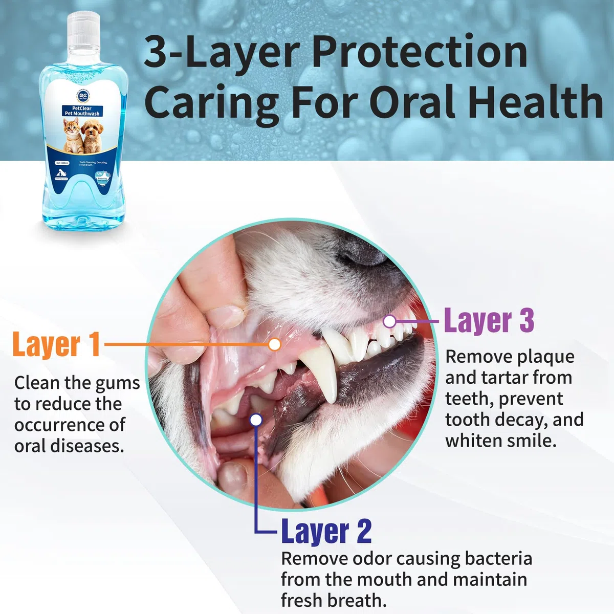 Petclear, collutorio per cani e gatti, additivo per acqua potabile, protegge da placca e tartaro, alito fresco, nessun pennello richiesto, 380 ml