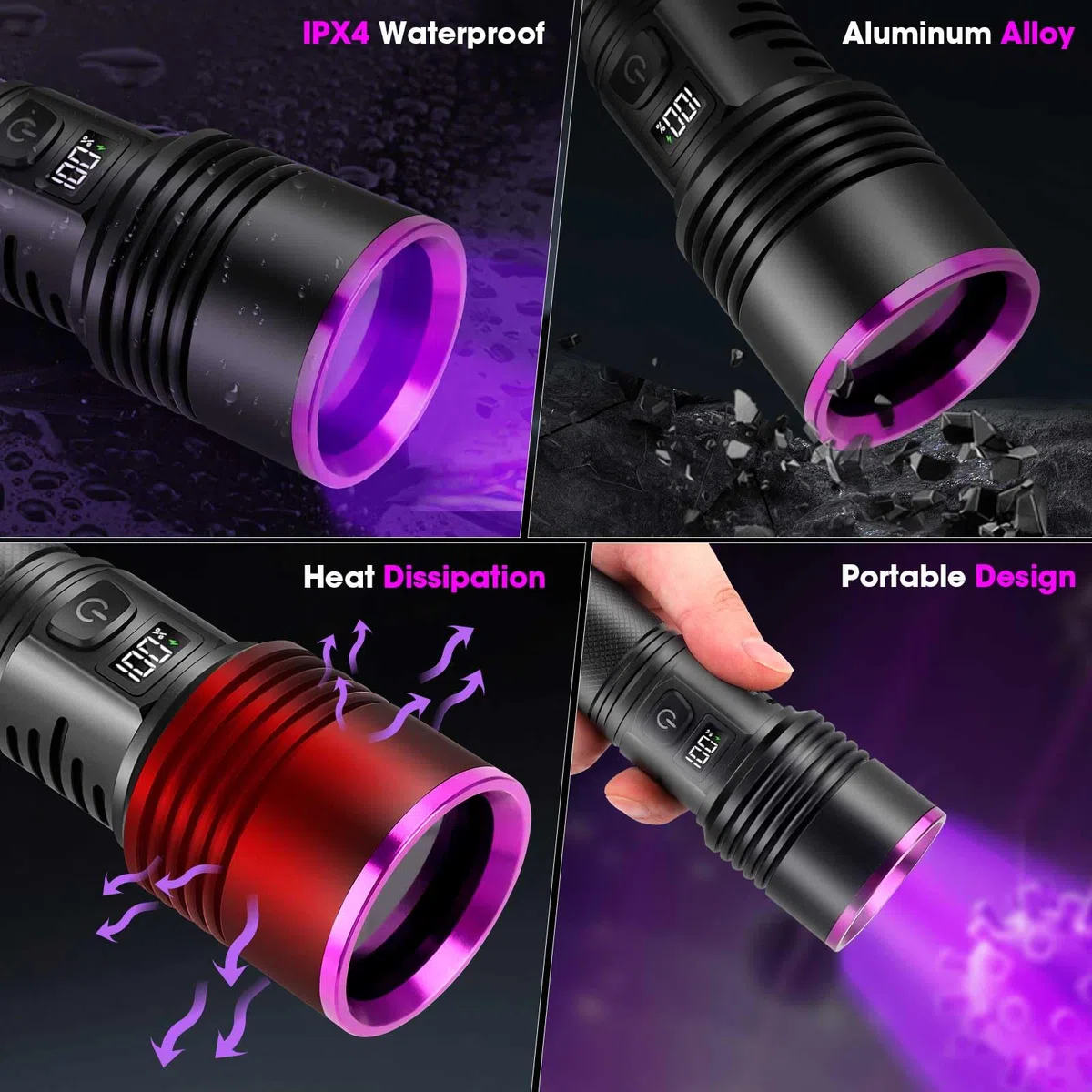 Torcia UV 20W 365NM Luce Nera Torcia con USB Ricaricabile Luce UV 7000mAh Lampada per Animali Domestici Rilevamento Urine Ricerca Ambra Scorpione Resina Vetro Urango