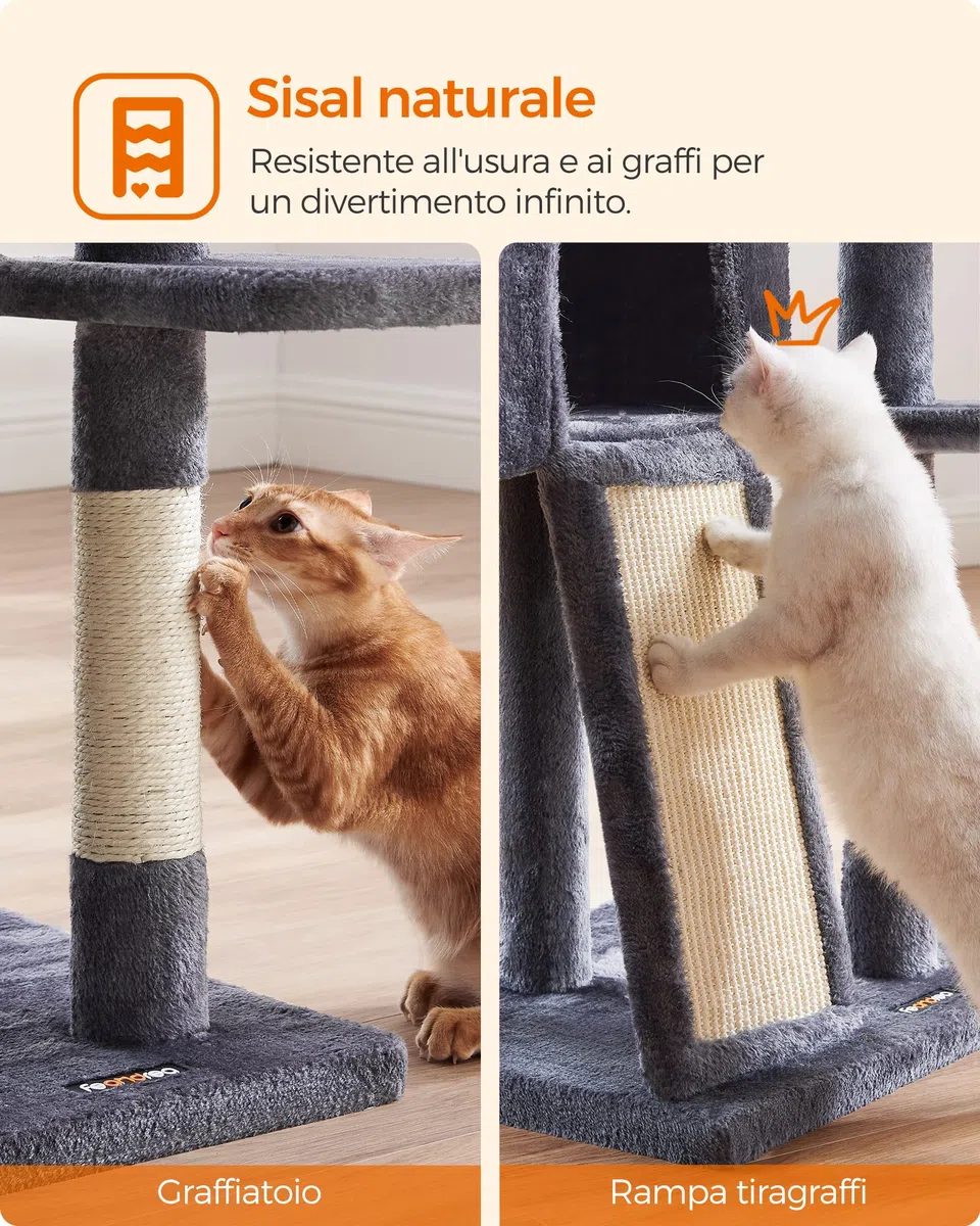 FEANDREA Albero per Gatti, Tiragraffi Piccolo da 135 cm, Condominio per Gatti in Peluche a più Livelli con Copertura per Trespolo Rimovibile Lavabile, Graffiatoio, Cesto, Grotta, Grigio Scuro