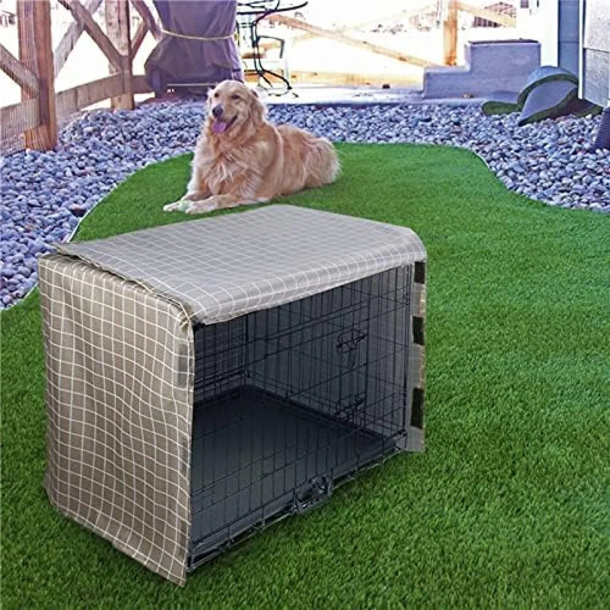 Keneel, copertura per gabbia per cani, ventilata, insonorizzata, in poliestere resistente, a doppia porta, a quadri, 61 cm