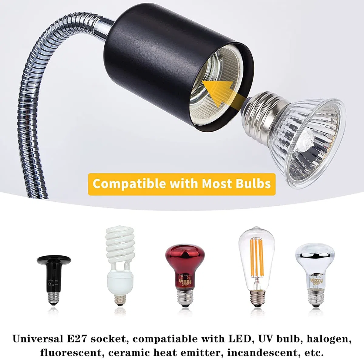 Lampada riscaldante per rettili, lampada riscaldante per tartarughe, lampada riscaldante UVA UVB, 3 lampadine di diversa potenza e morsetto girevole a 360°.