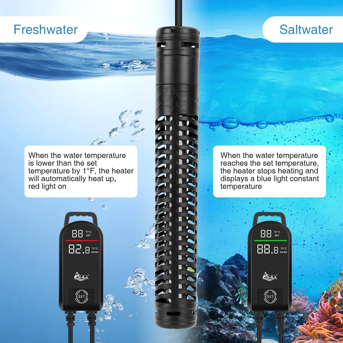 AQQA Riscaldatore per acquario, 300W/500W/800W/1000W/1200W riscaldatore ad immersione per acquari con display digitale LED e protezione da sovratemperatura, per acquari di acqua salata e dolce