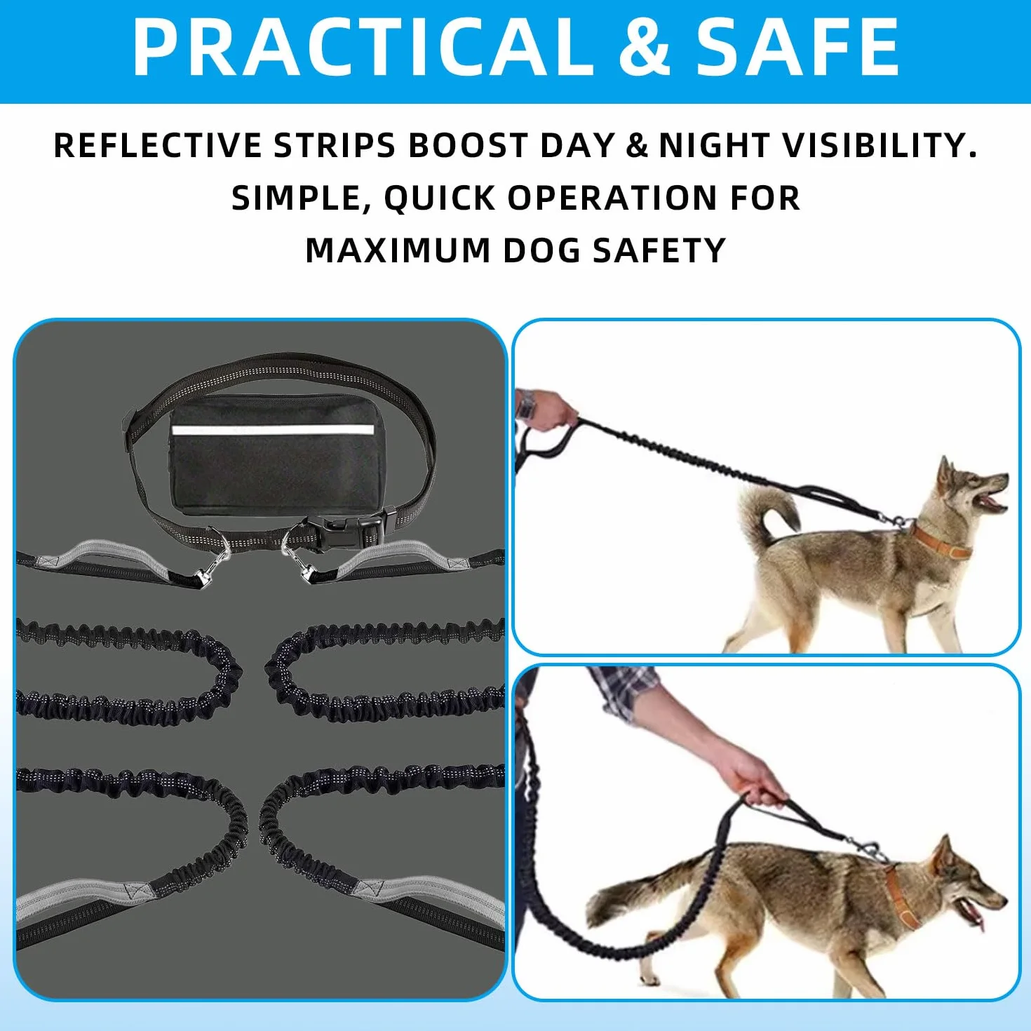 Guinzaglio per Cani, Guinzaglio Cane,Guinzaglio Doppio per Cani, Cintura in Vita Regolabile, Riflettente, Guinzaglio Mani Libere per Cani, per Corsa,Jogging，Camminata,Allenamento, Escursionismo(Nero)