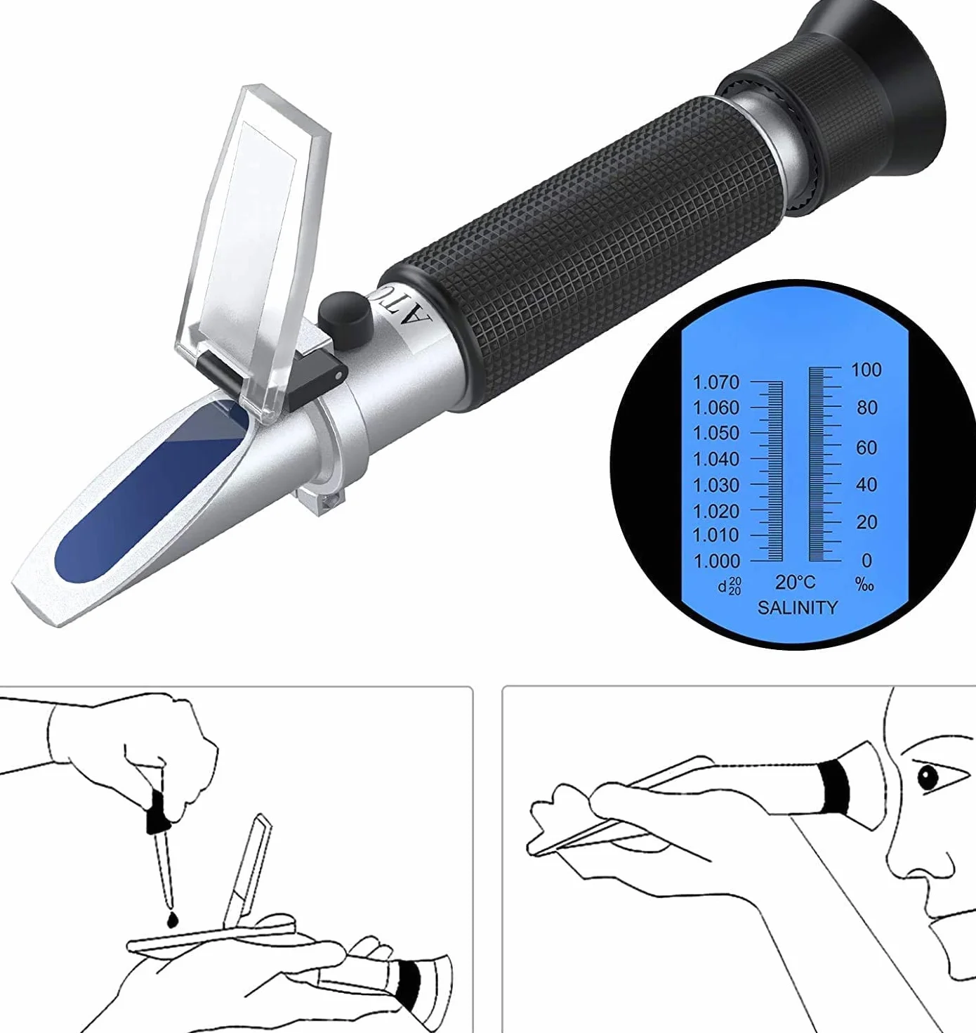 AUTOUTLET Refrattometro Salinità Acquario con ATC Doppia Scala 0-100 PPT e gravità Specifica 1.000-1.070 per Acqua Marina Pesci Piscina Strumento di Precisione