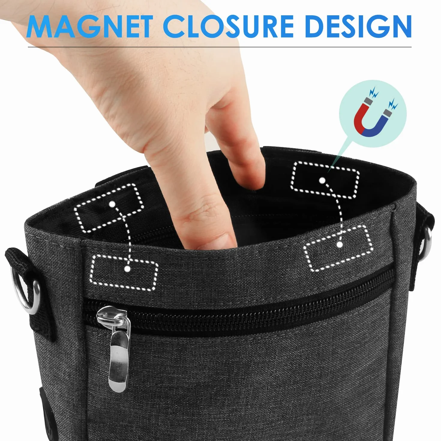 Borsa Addestramento Cane con Chiusura Magnetica, Sacchetto di Allenamento per Cani con Dispenser Integrato, Borsa Porta Snack per Ccon Tracolla Regolabile per Uso Estani erno, Grigio Scuro