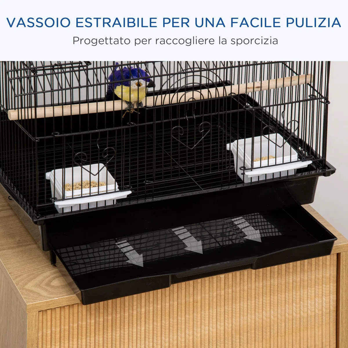 PawHut Gabbia per Uccelli con Maniglia di Trasporto e Vassoio Estraibile, Gabbietta per Uccelli in Metallo e Plastica, 50.5x41x63 cm, Nero