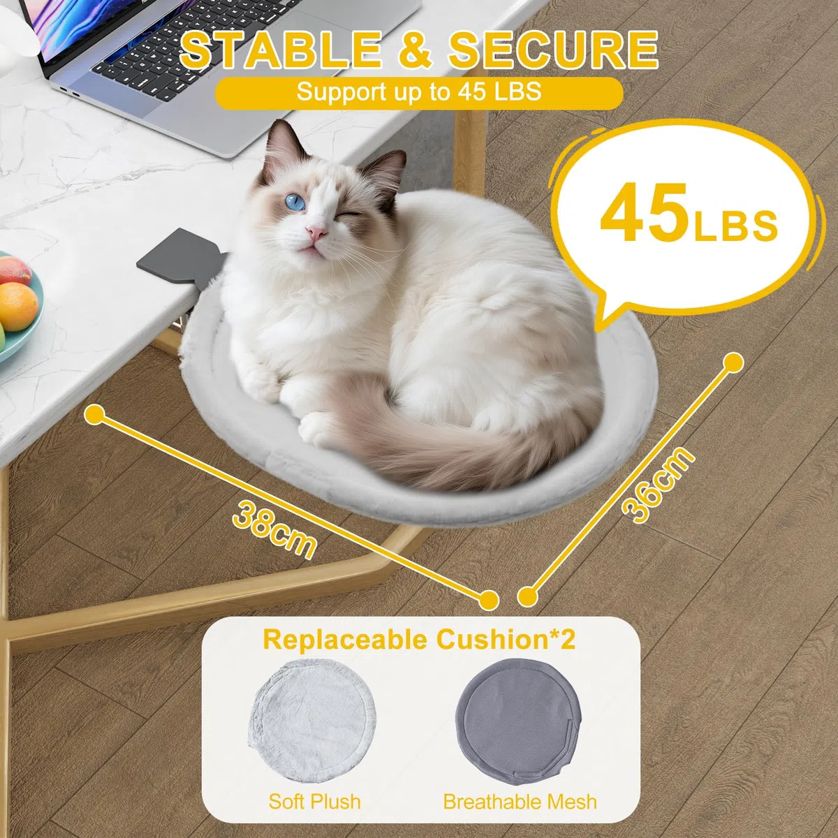 Yuning Lettino per Gatti da Scrivania Rotazione a 360°,Cuccia per Gatti da Scrivania per Ufficio e Lavoro,Amaca per gatti da Interni con 2 Lavabile Tappetini per Animali Domestici Fino a 20 kg(Grigio)