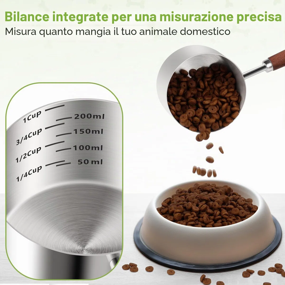 Misurino per cibo per cani e gatti, in acciaio inossidabile 304. Capacità di 1 tazza. Misurazioni della scala di precisione
