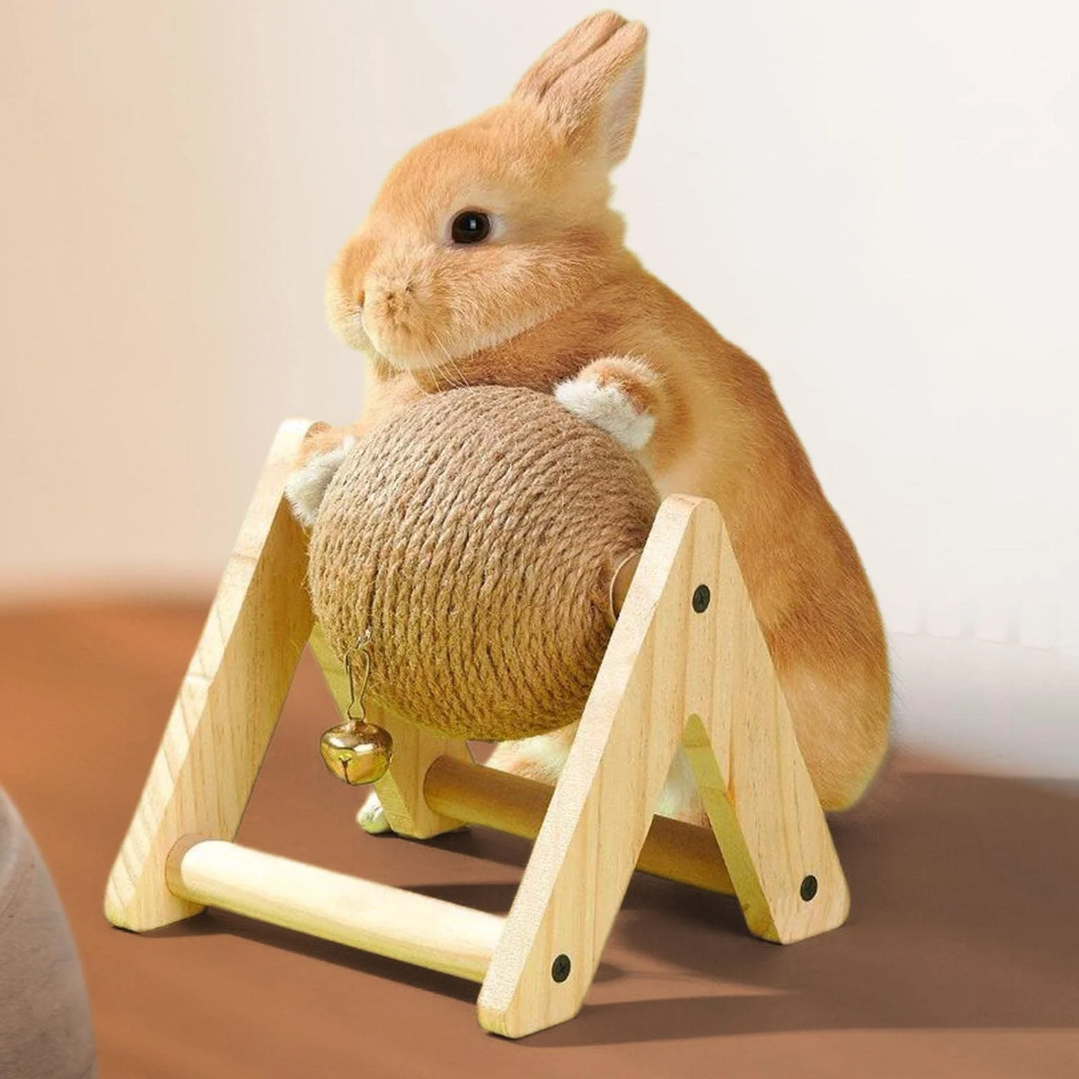 MagiDeal MagiDeal, palla tiragraffi per coniglio con sfera, 2 in 1, giocattolo interattivo, supporto in legno con campanella, per gattini, cincillà, piccoli animali gattini