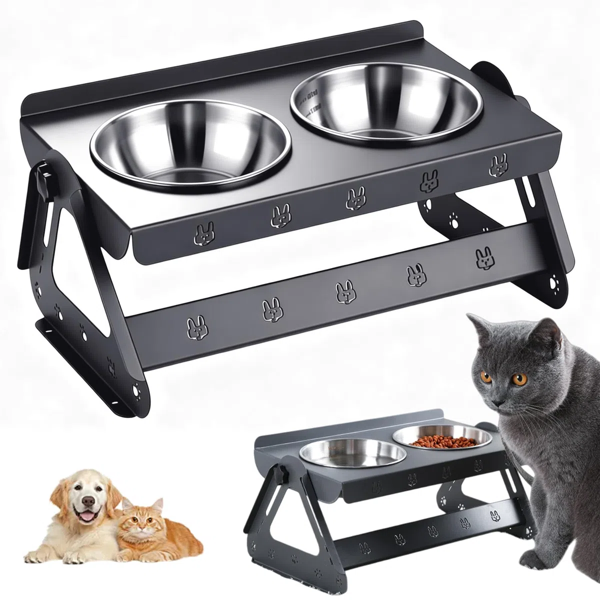 Ciotola rialzata in acciaio inox, mangiatoia per gatti con 2 ciotole in acciaio inox, design durevole per gatti e cani di piccola taglia