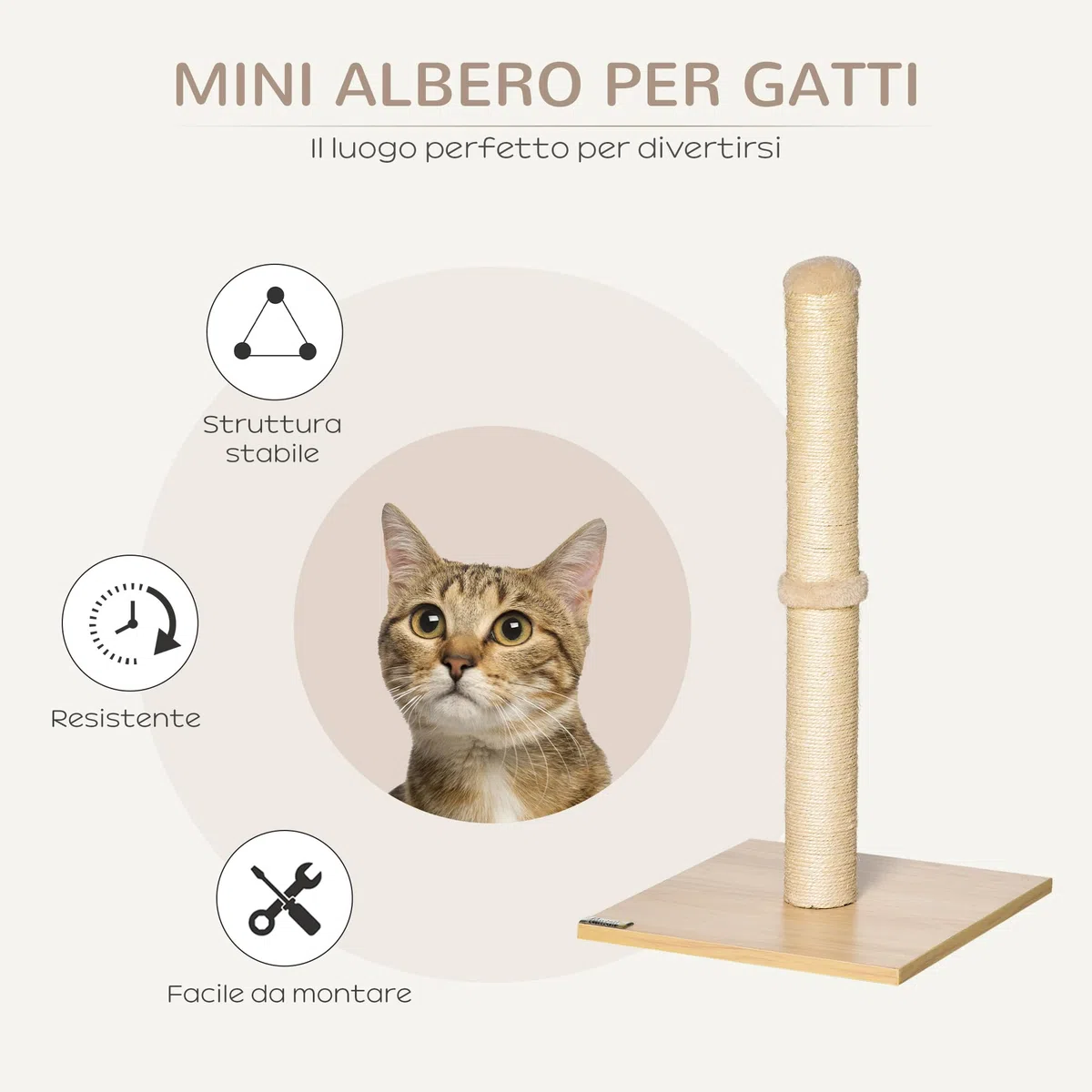 PawHut Tiragraffi per Gatti con Palo in Sisal Alto 60 cm, Mini Albero Tiragraffi Salvaspazio Multiuso con Base in Truciolato, Beige