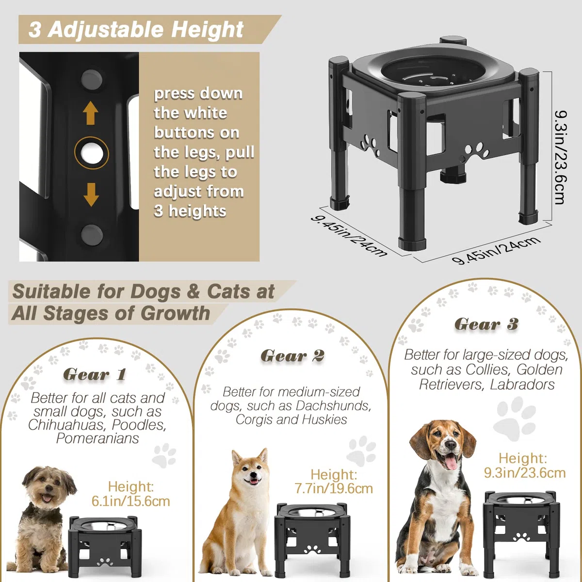 Lewondr Ciotola per Cani Rialzata, Ciotole per Cani Rialzate Anti Ingozzamento con Ciotola ad Alimentazione Lenta da 1,1 L Ciotola in Acciaio Inox con 3 Altezze Regolabili per Cani di Piccola a Grande