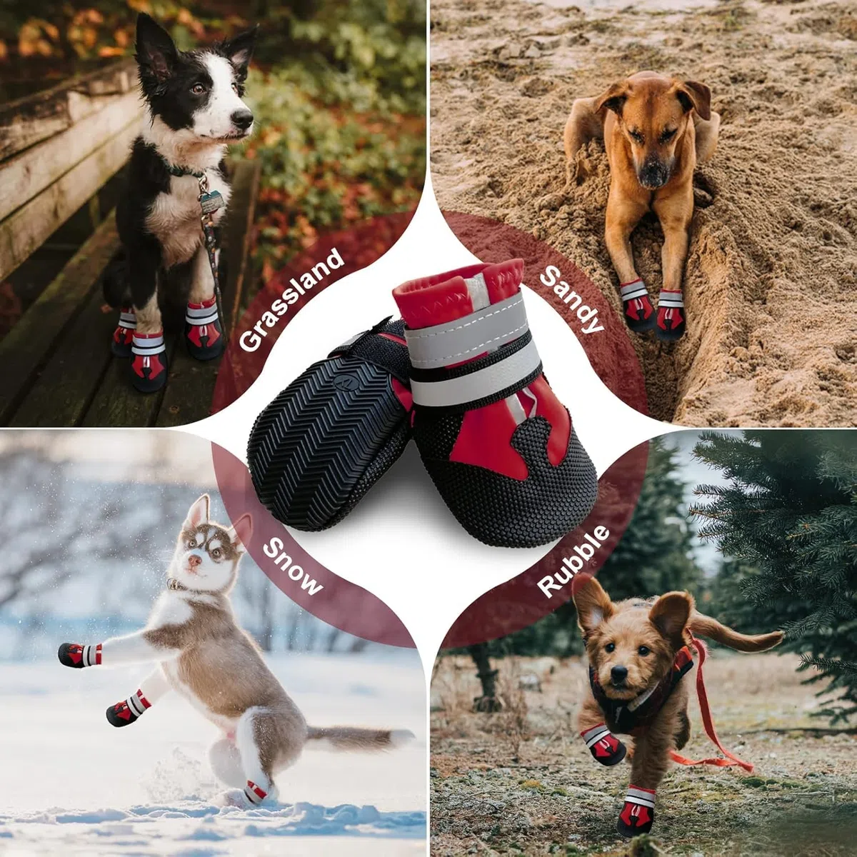 Scarpe per cani, protezione zampe, 4 pezzi, traspiranti, per cani, per attività all'aperto, estive, antiscivolo, con suola antiscivolo, per cani di taglia piccola, media e grande, rosso, XXL