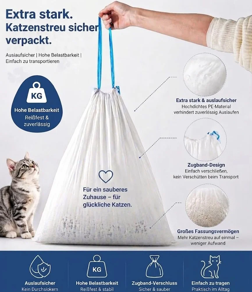 RMAN 80 pezzi Sacchetti per Lettiera per Gatti 60×50 cm Sacchetto Lettiera Gatto con Cordoncino Adatto autopulente, Antigraffio, Durevole, Gatti Accessori, 4 rotoli