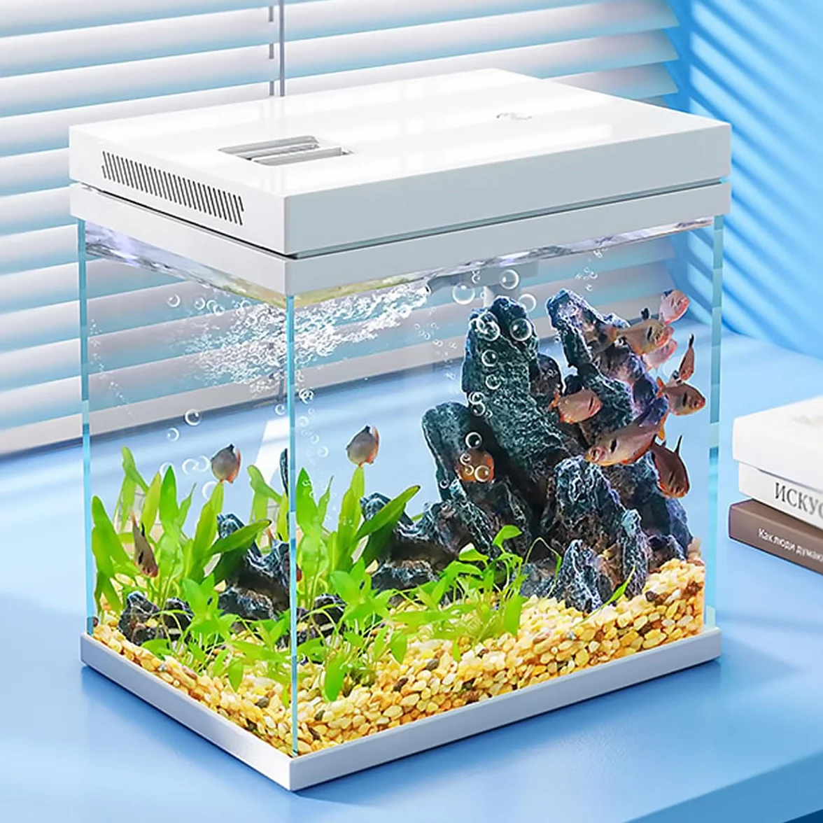 Serbatoio per pesci da 9 l, acquario in vetro nano, sistema di filtraggio migliorato e luce LED, per acqua dolce e marina, sfere filtranti incluse (bianco, 9L)