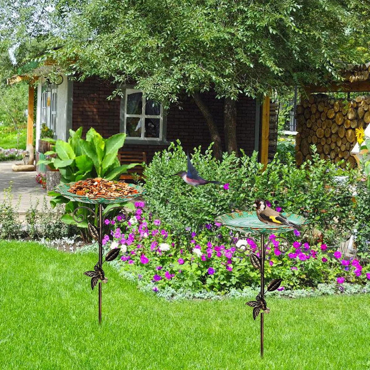 PORFOYO Abbeveratoio per uccelli in piedi, 77 cm/30 in, vasca per uccelli autoportante con base stabile a 5 punti, per uccelli, in metallo decorativo per terrazza e giardino