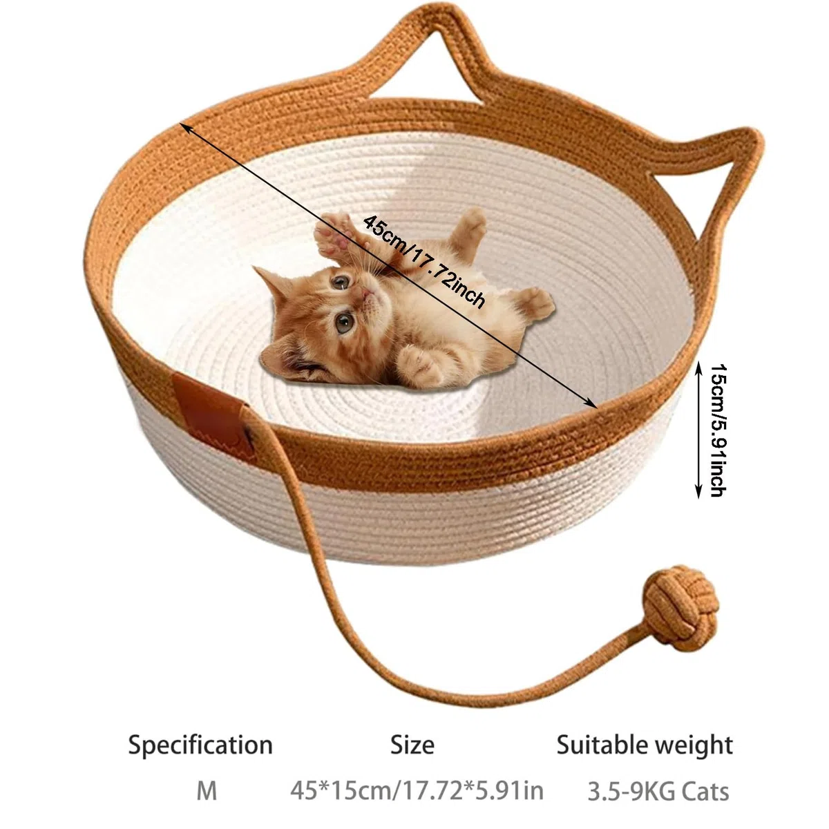 MEISO Letto per Gatti Interni in Cotone Tessuto a Mano, Cesto con Coda Giocattolo, Pieghevole e Traspirante (M)