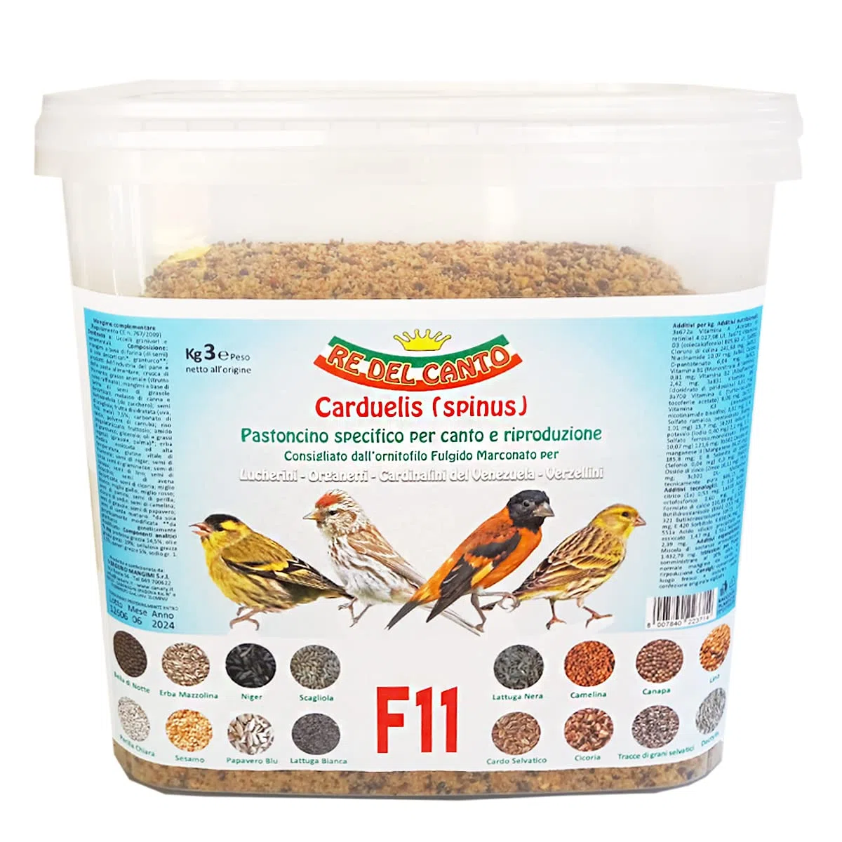 F11 Canto e Riproduzione - 1 Pack da 3kg - Pastone+Miscela Semi - Alimento per cardellini, lucherini, organetti, verzellini, cardinalini Venezuela, spinus, Mangime