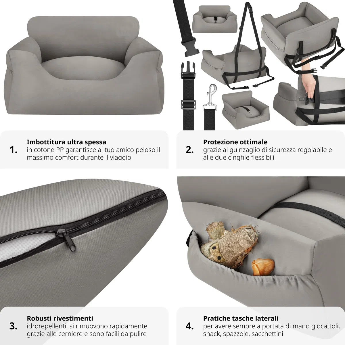 tectake® Seggiolino Auto per Cani Imbottito, Trasportino per Cani con Guinzaglio di Sicurezza, Cinghie di Fissaggio Regolabili, Rivestimento Lavabile, Compatibile con Tutti i Veicoli - Grigio