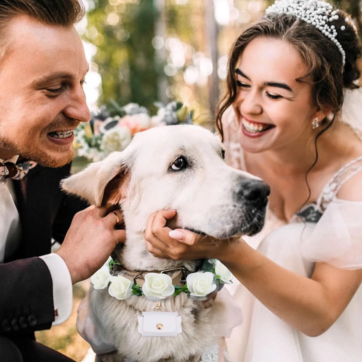 NICENEEDED 3 pz Collare per Matrimonio Cane Set di Fiori, Perle Guinzaglio per Cani con Perline Portafedi Nuziali Portafedi, Papillon Regolabile per Il Collo Del Cane