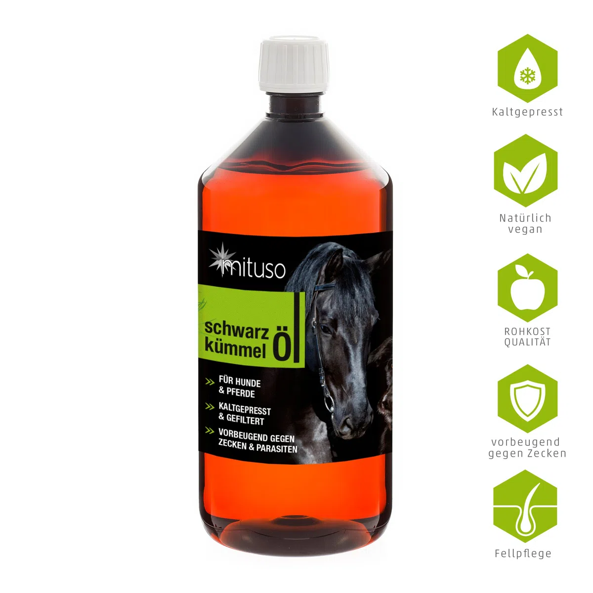 mituso olio di cumino nero 1L per cani e cavalli, pressato a freddo e puro al 100%, 1 confezione (1x 1000ml) per la cura naturale del mantello