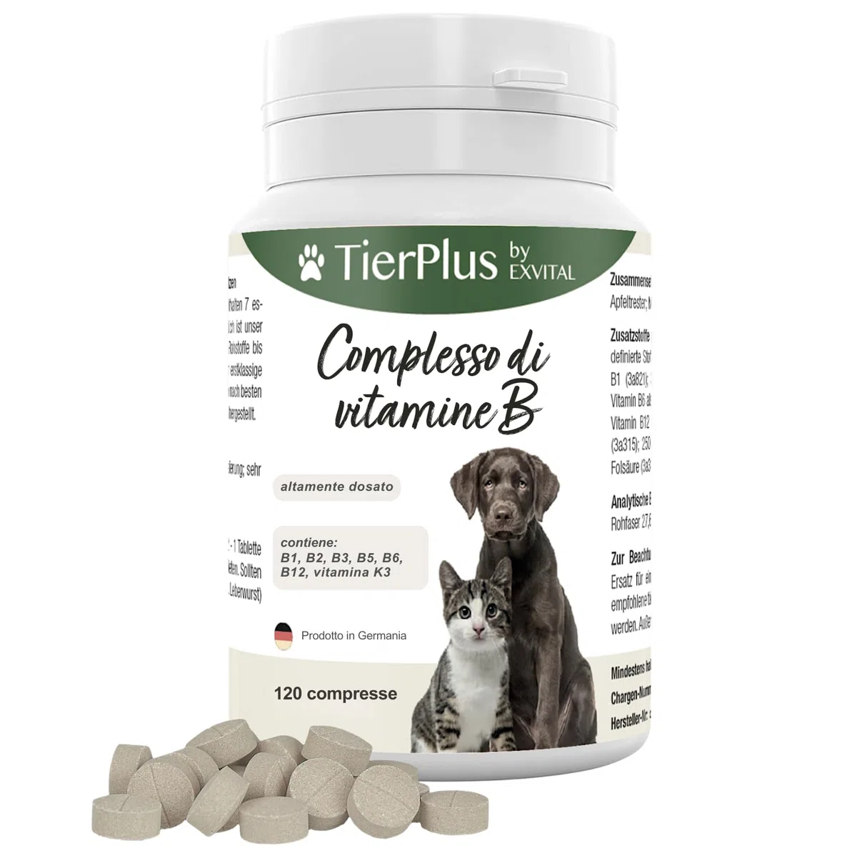 TierPlus Complesso di Vitamine B per Cani e Gatti – B1, B2, B3, B5, B6, B9, B12, K3, 120 compresse, ad alto dosaggio – Prodotto in Germania