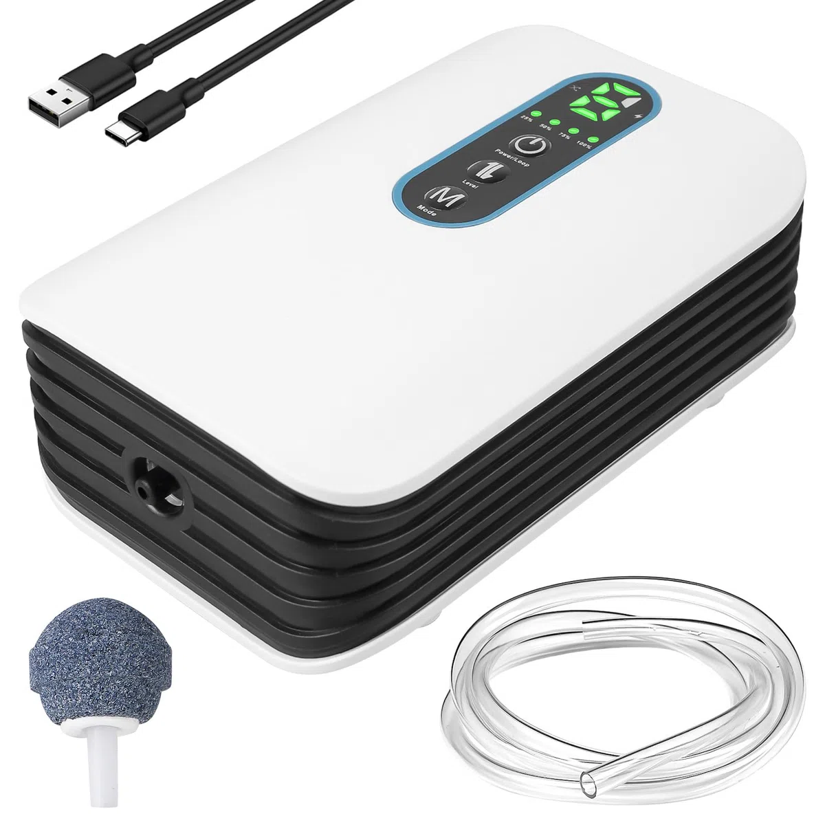 Pompa ad aria per acquario, pompa ad ossigeno 2600 mAh, batteria 3 l/min, flusso d'aria regolabile in 6 livelli, ultra silenziosa USB per acquari, laghetti da giardino, attività di pesca all'aperto
