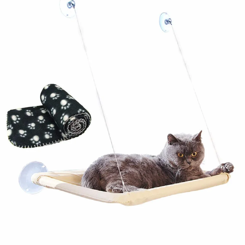 JZK Amaca da Finestra per Gatti + Coperta per Gatti, Letto sospeso per Animali Domestici a Ventosa e Coperta Nera per Animali Domestici per Pesce persico