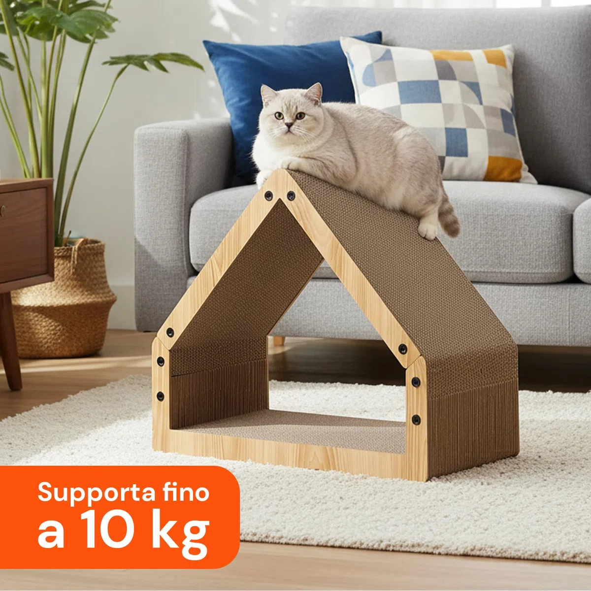 Avilia Tiragraffi per Gatti Casetta in Legno con Rifugio Interno - Graffiatoio e Cuccia 2-in-1 in Cartone Ondulato, Design Salvaspazio 50x30x42 cm, Stabile fino a 10 kg