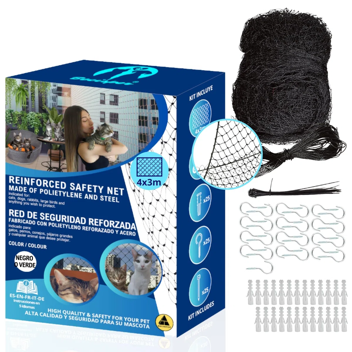 Rete per Gatti Rinforzata - Disponibile 2 Misure e Colori a Scelta - Rete per Gatti terrazza - Rete per Gatti finestre - Rete di Sicurezza per Gatti e Bambini