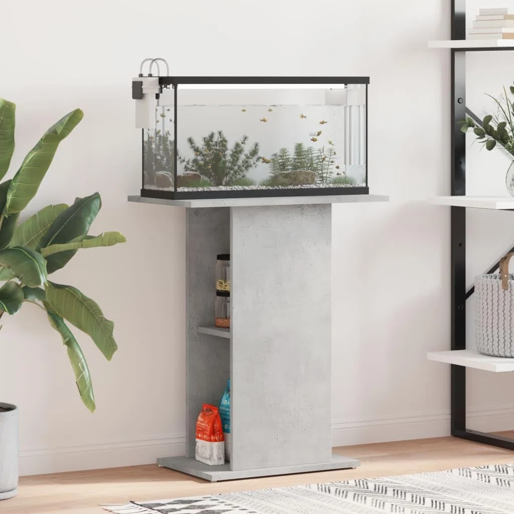 Supporto per acquario, grigio cemento, in legno, 60,5 x 36 x 72,5 cm, stabile, per carichi pesanti, con ripiano, scaffale e porta per acquario, conservazione di mangime, filtro e pompa