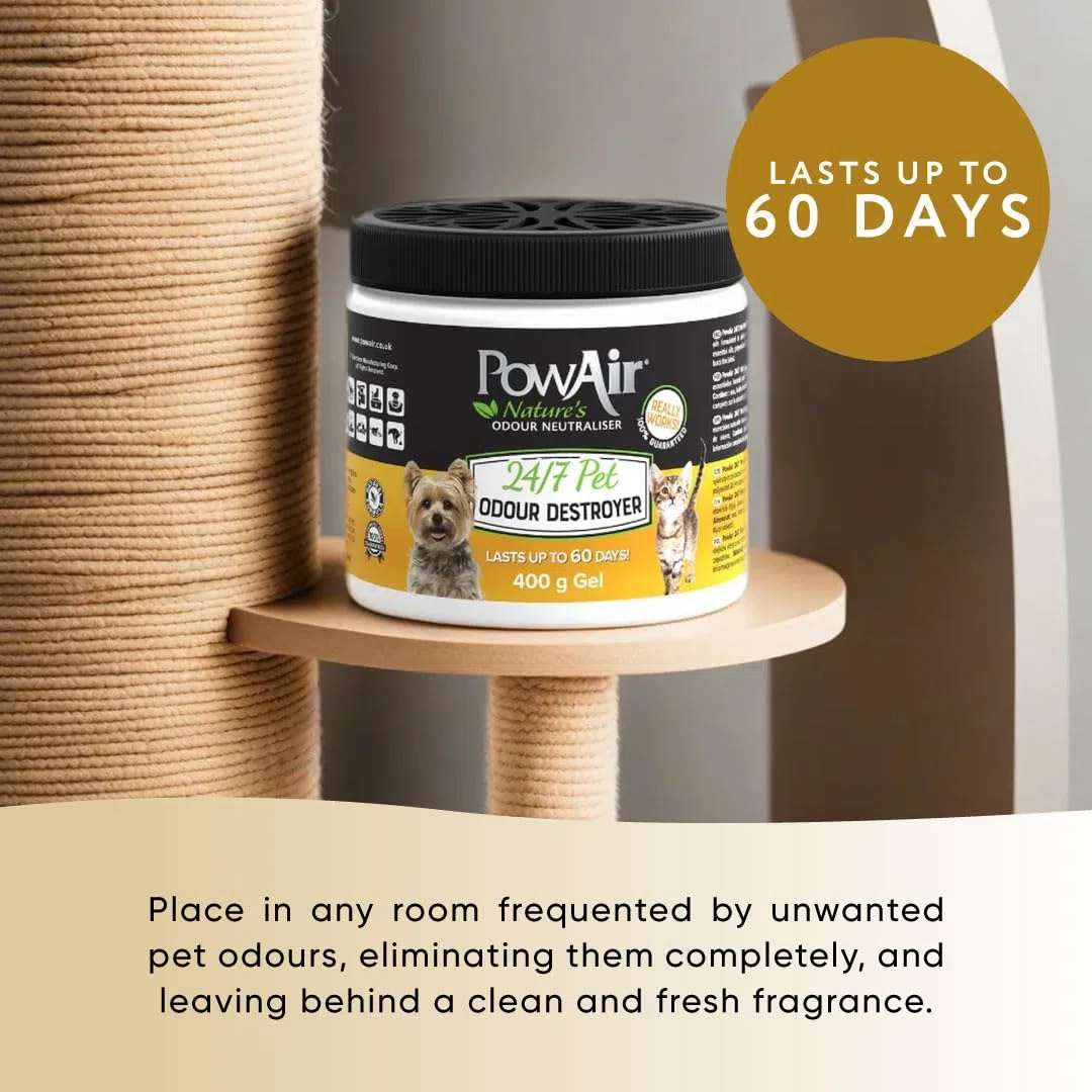 PowAir Pet Odour Destroyer Gel – Neutralizzatore naturale di odori per cani e gatti, sicuro e di lunga durata, elimina gli odori degli animali domestici fino a 60 giorni (400 g)