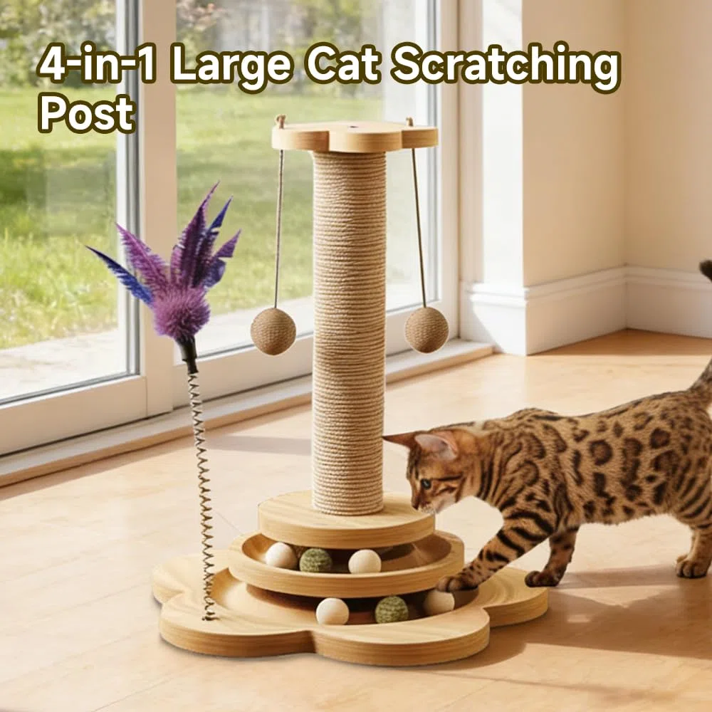 Giocattolo Interattivo per Gatti in Legno,50CM Tiragraffi 4 in 1 Giocattolo per Gatti,Giochi per Gatti con Palla Appesa e Piuma Elastica,Cat Toy per Gatti Piccoli/Medi,Gioco cura Degli Artigli
