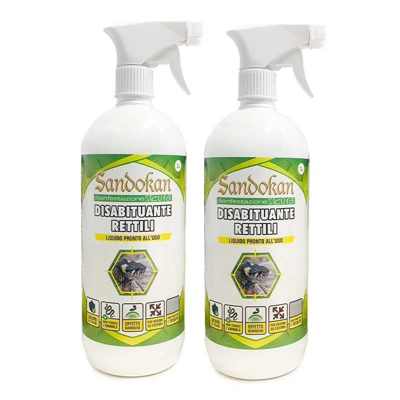 Sandokan, 2 Disabituanti Rettili Spray da 1 Litro, Repellente per Gechi, Lucertole e Serpenti, Dissuasore Olfattivo Naturale per Esterno e Interno, Sicuro per Animali, Non Macchia, Made in Italy