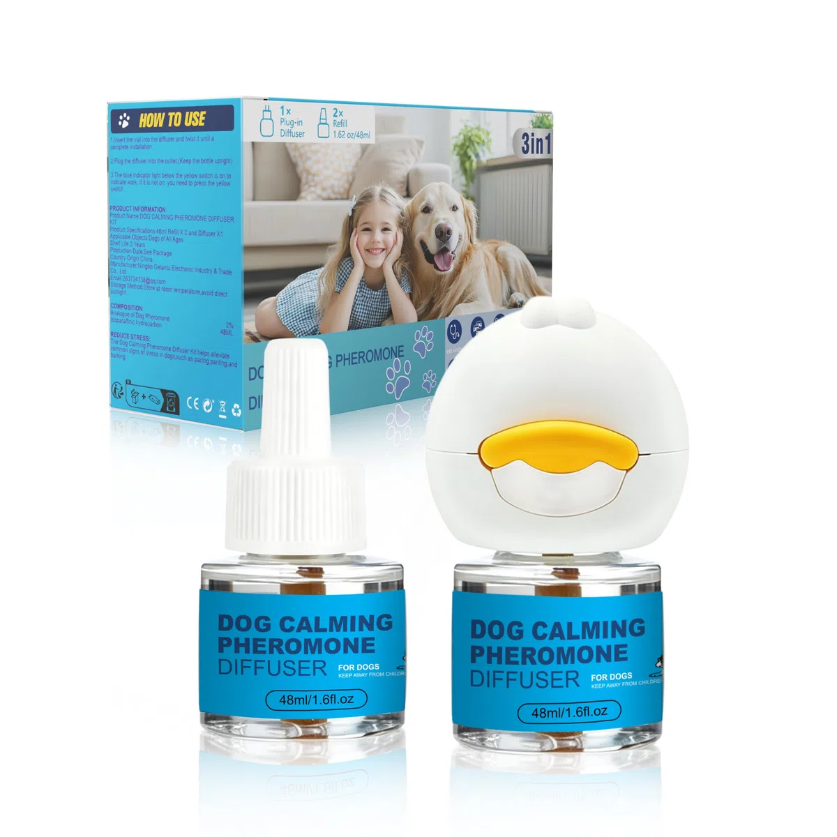 Calmante per Cani Diffusore + 2 Ricariche 48ml, Feromoni Tranquillanti Antistress, Ideale per Cani Ansiosi e Iperattivi, Riduce Stress ed Abbaio, Copertura Fino a 70 m²