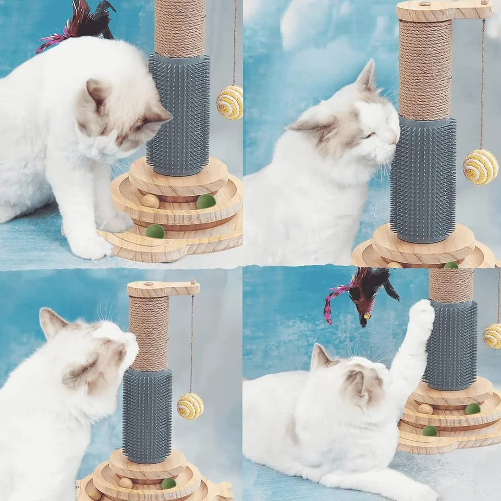Marchul 5 in 1 Giocattolo per Gatti: Tiragraffi per Gatti in Sisal con Pettine in Silicone, Torre Giocattolo con Palla Appesa e Palla Interattiva con Piuma Elastica per Giocare al Chiuso