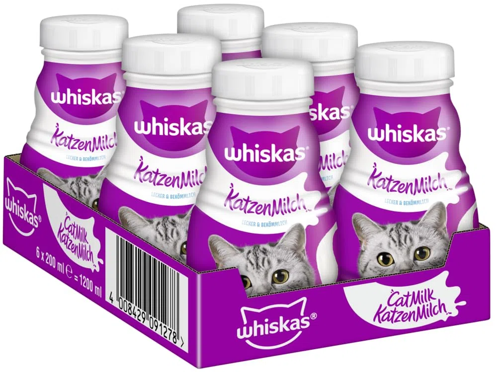 Whiskas, latte per gatti con contenuto ridotto di lattosio e grasso, 6 confezioni da 200 ml