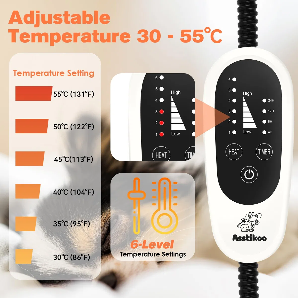 Tappetino Riscaldante per Cani Gatti, Tappeto Riscaldante per Animali Domestici con 4 Timer& 6 Livelli Temperatura 30-55℃, Coperta Termica Gatto Cani Anti-Morso Impermeabile (M - 45X45cm)