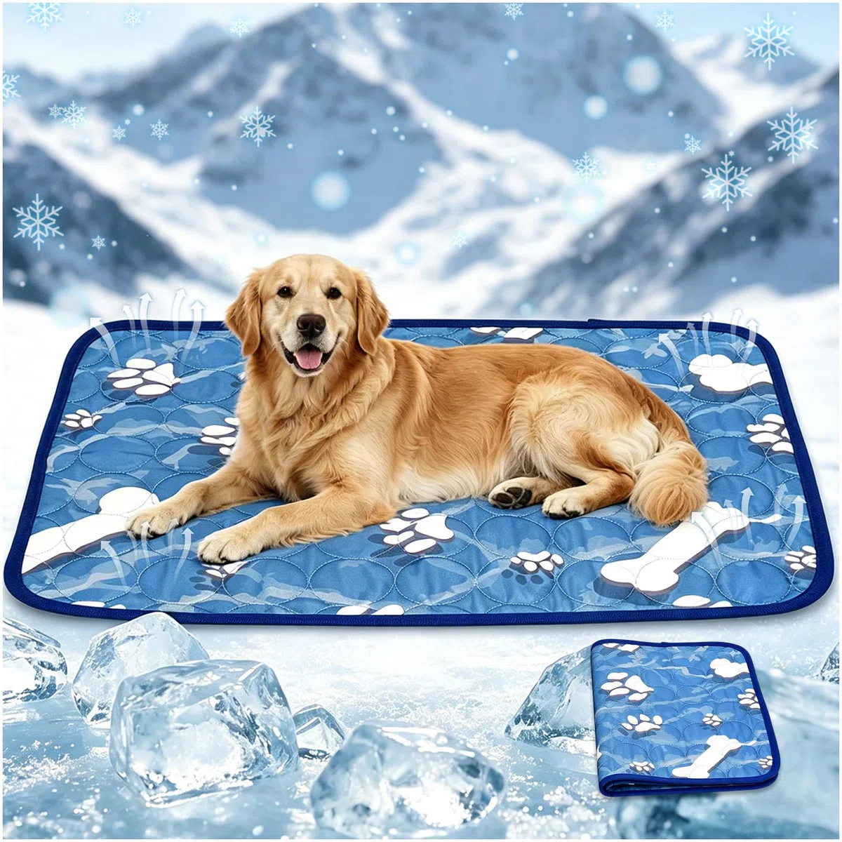Tappetino Refrigerante Cane Grande 100x70cm, Tappetino Refrigerante per Cani Gatti, Animale Domestico, Modello Carino con Stampa Osso e Zampa, Seta Fredda Morbida, Anti-Statico, Antiscivolo, Piegabile