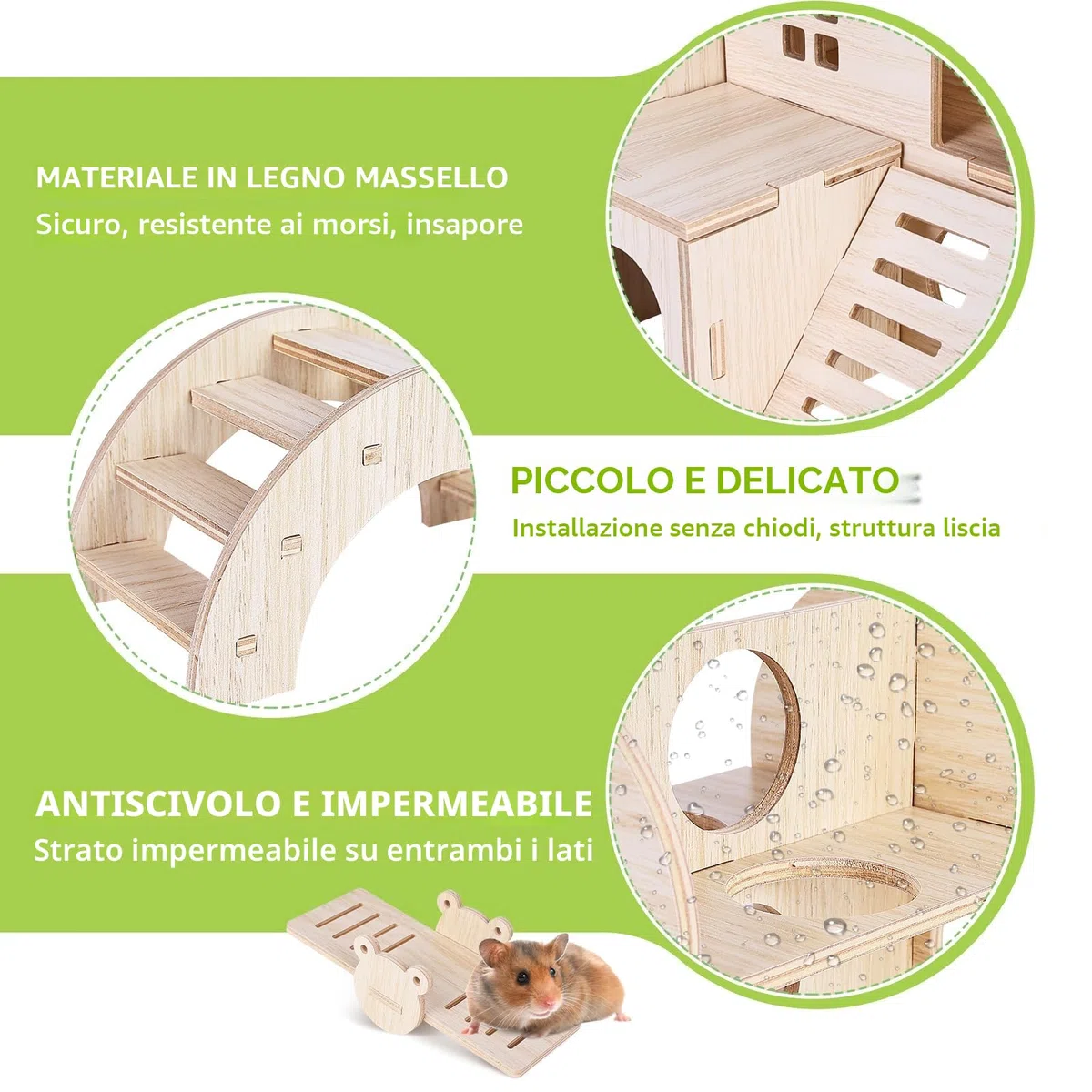 Giochi per Criceti, 7 Pezzi Giochi Criceto in Legno, Gabbia per Criceti, Casetta per Criceti, Criceto Giocattolo Fai Da Te, Accessori per Criceti, Altalena e Ponte per Porcellini D'india