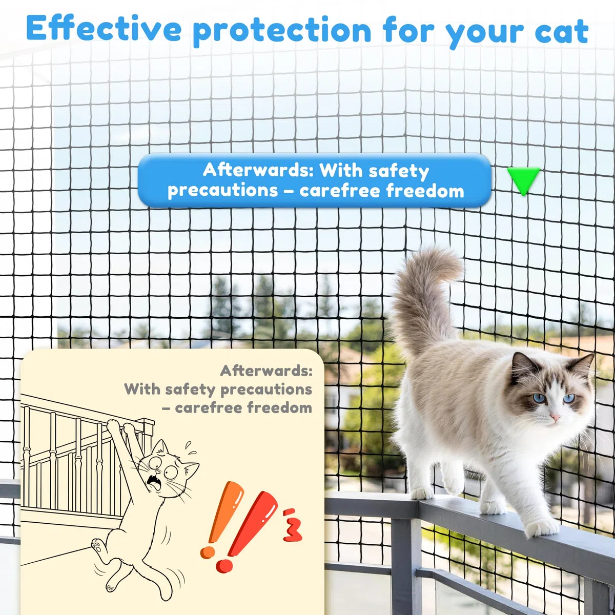Rete per Gatti Balcone 4×3 m,6×3m,Rinforzata con Filo d'Acciaio, Senza Perforazione, Anti-Morso, Resistente allo Strappo e ai Raggi UV, per Terrazzo, Include Corda di Fissaggio e Chiodi(4 * 3)