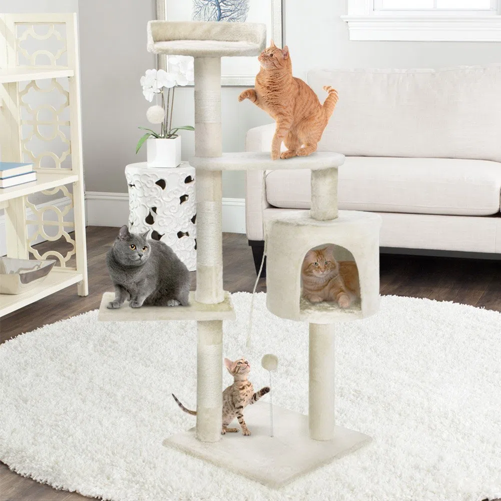 Bakaji Albero Tiragraffi per Gatti in Sisal e Peluche Parco Giochi Gatto con Cuccia Pali Graffiatoio e 3 Piattaforme Dimensioni 112 x 67 x 55 cm (Crema)
