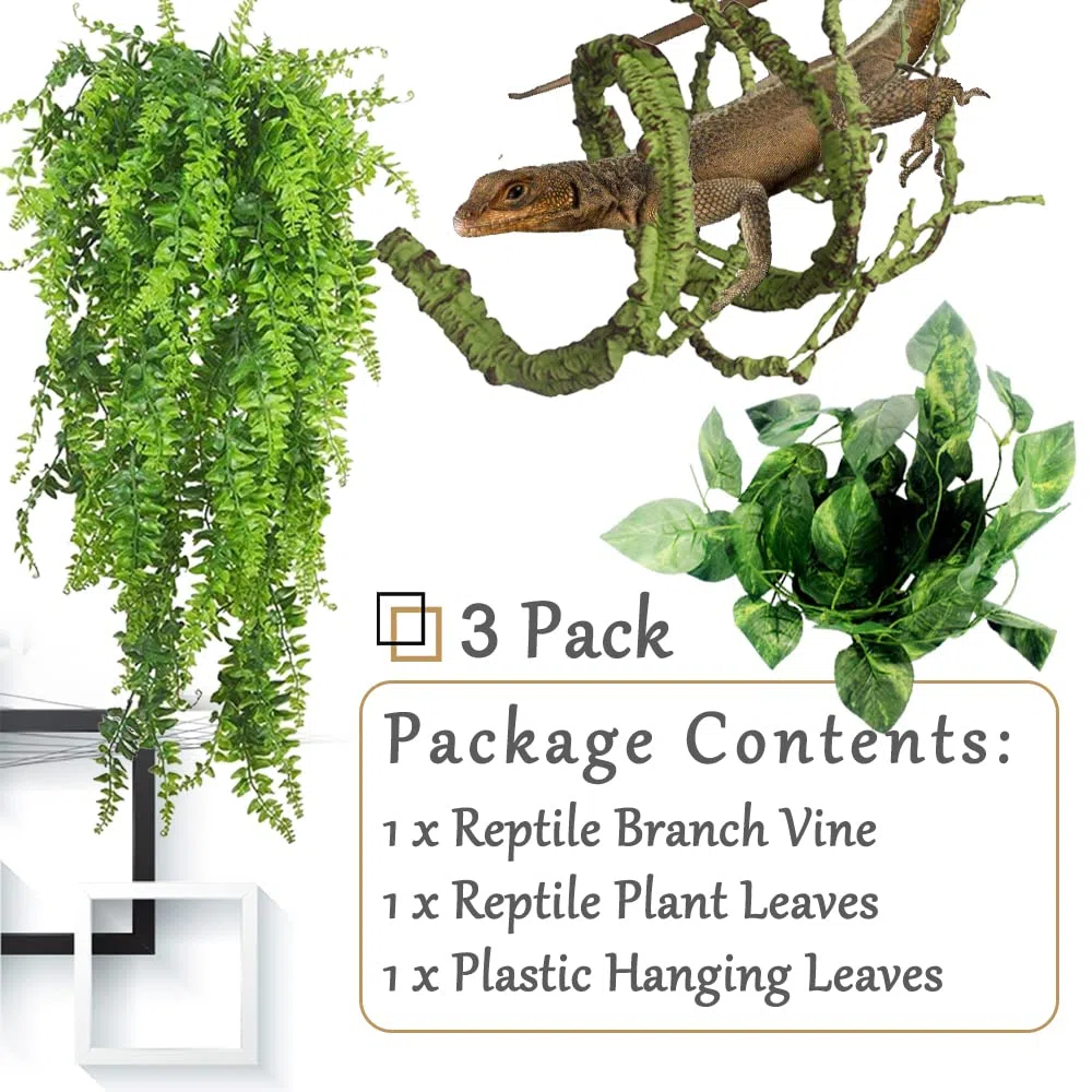 Hamiledyi Piante per rettili pieghevoli giungla rampicante rampicante terrario ramo foglie di plastica flessibili appese decorazione per habitat per animali domestici decorazione per drago barbuto