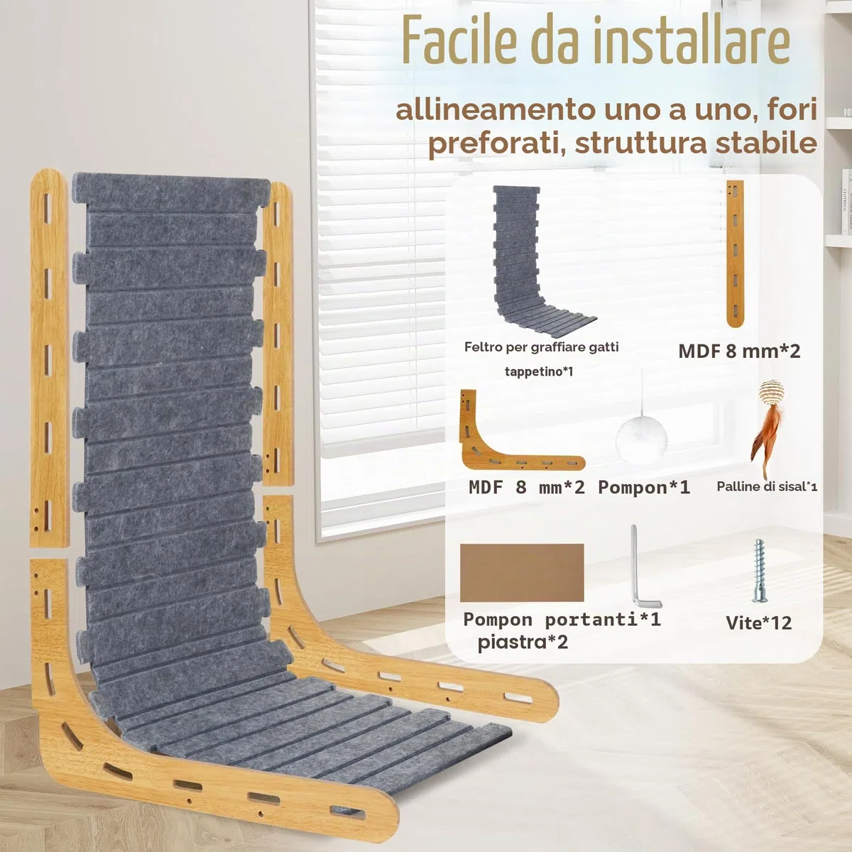 Tiragraffi per gatti, a forma di L, in feltro e legno, con campanella a sfera, resistente, per proteggere le pareti dei mobili, grigio