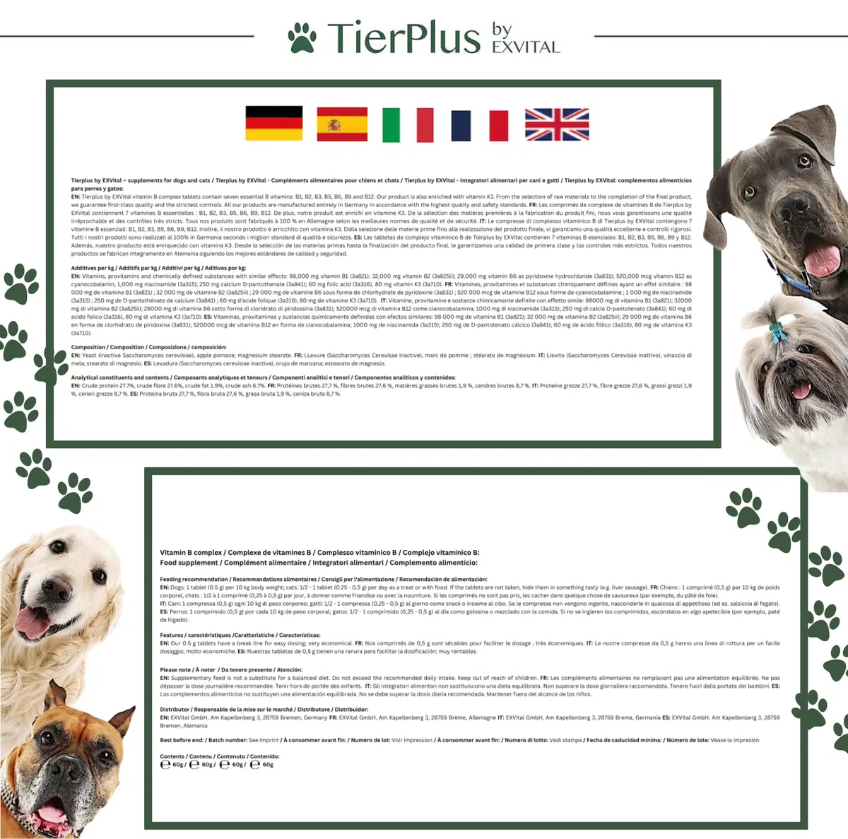 TierPlus Complesso di Vitamine B per Cani e Gatti – B1, B2, B3, B5, B6, B9, B12, K3, 120 compresse, ad alto dosaggio – Prodotto in Germania