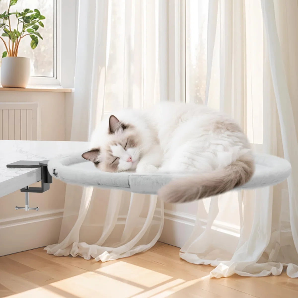 Yuning Lettino per Gatti da Scrivania Rotazione a 360°,Cuccia per Gatti da Scrivania per Ufficio e Lavoro,Amaca per gatti da Interni con 2 Lavabile Tappetini per Animali Domestici Fino a 20 kg(Grigio)