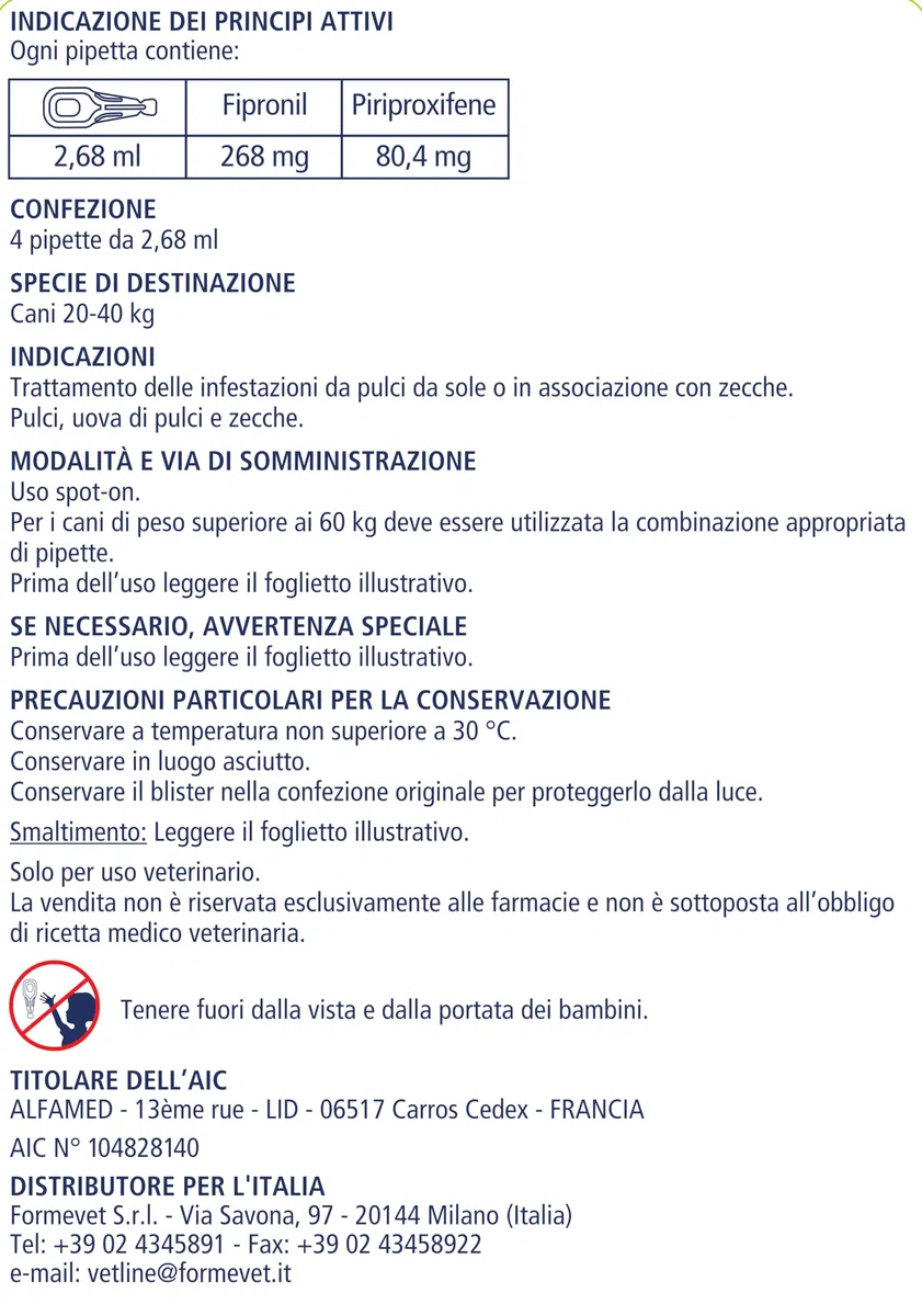 Fipralone Duo 268 Mg/80 Mg Soluzione Spot-on per Cani di Taglia Grande da 20 a 40 Kg