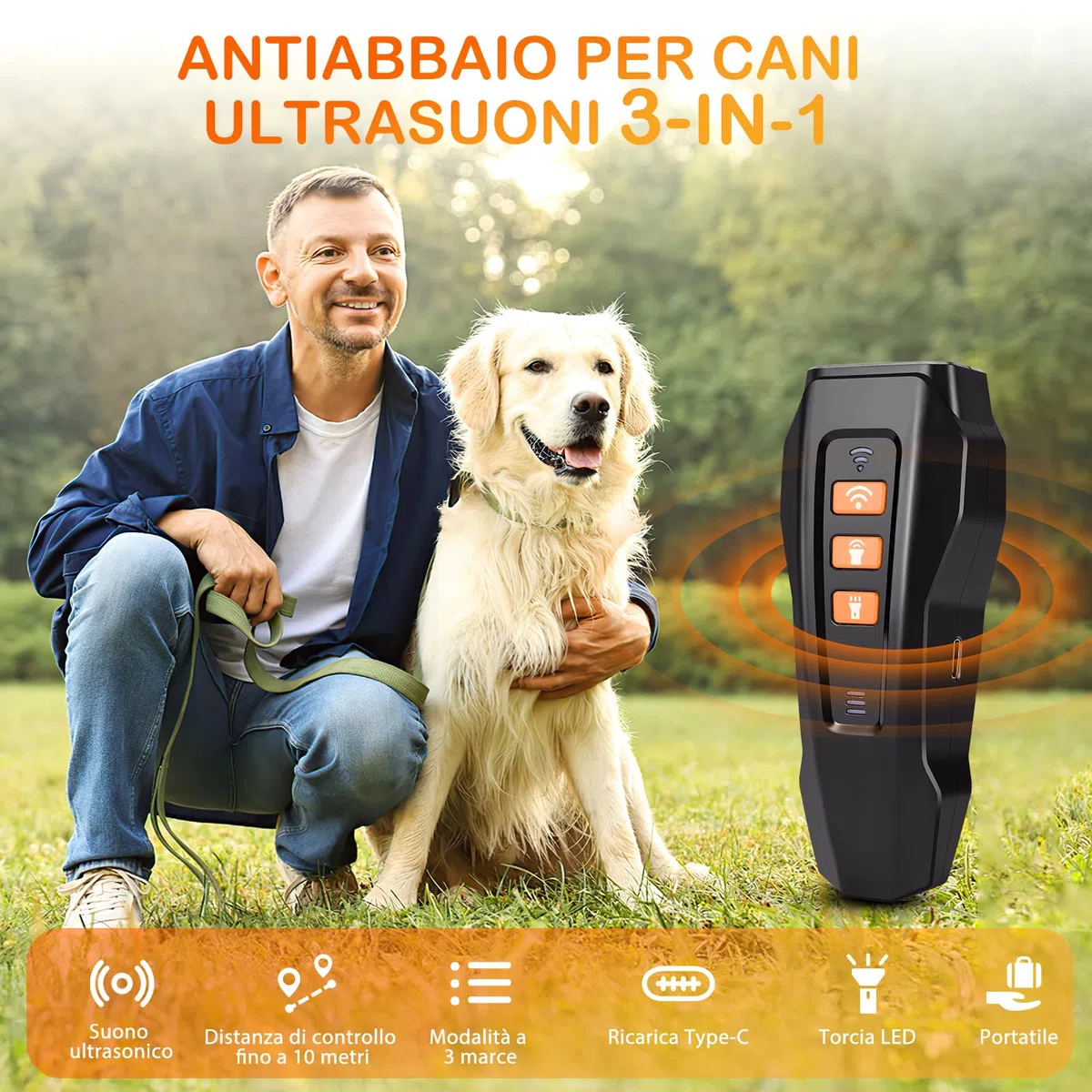Antiabbaio per Cani ad Ultrasuoni, Dispositivo Anti-abbaiare con 3 Frequenze Regolabili, Sicuro per Taglia Piccola Media Grande, Interni ed Esterni (Grigio)