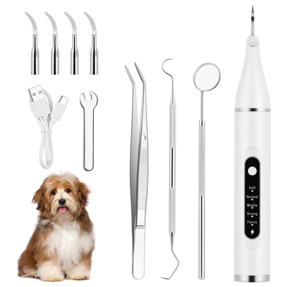 Aomig Kit di Pulizia dei Denti per Animali Domestic, Kit Pulizia Denti Cane per Tartaro e Macchie, Spazzolino Ultrasuoni Cane con Luce LED, 5 Modalità di Pulizia, Kit Rimuovere Macchie di Denti
